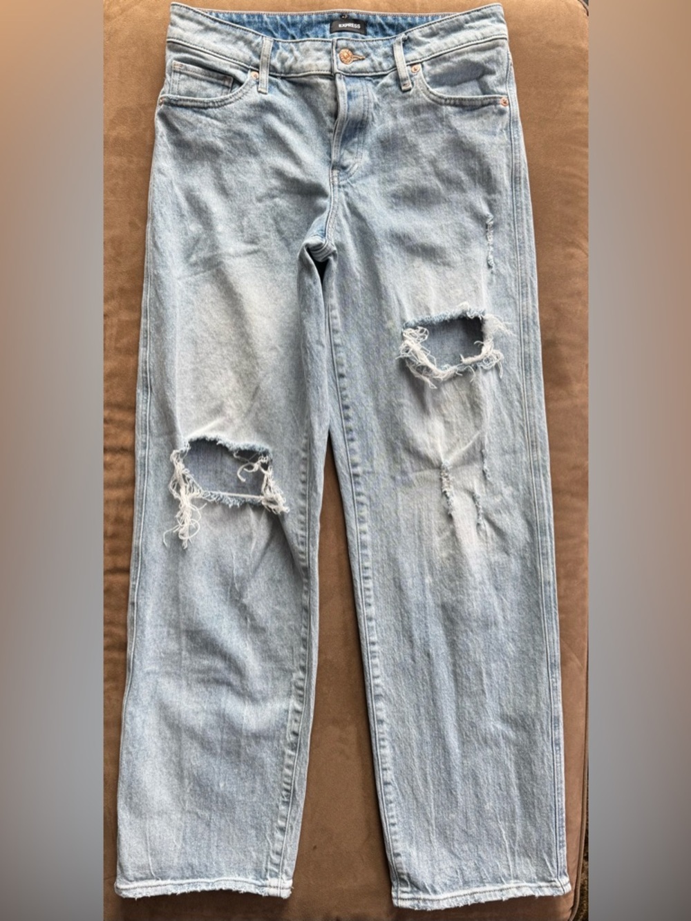Express Light Blue Distressed Straight-Leg Jeans